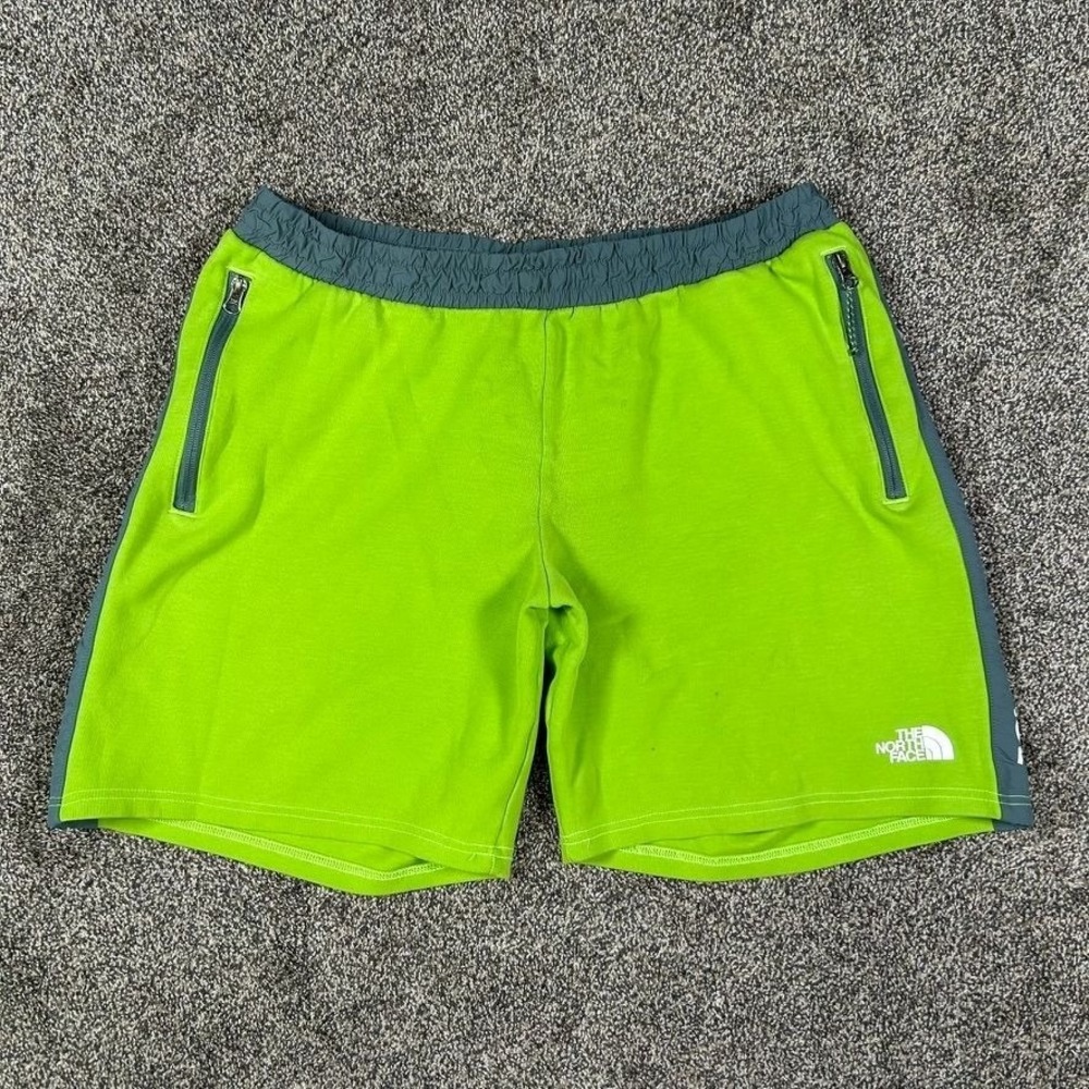 The North Face Men XL Tech Sweat Short Safety Green Gray Athletic Zipper Pockets